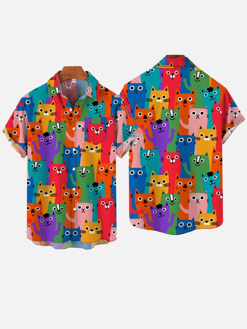 Cotton Funny Rainbow Happy And Sad Cats Hippie Printing Breast Pocket Short Sleeve Shirt