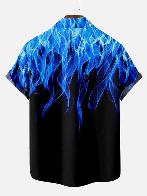 Vogue Blue Fire Flame Pattern Printing Short Sleeve Shirt