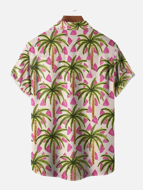 Pink And White Line Tropical Coconut Tree Printing Short Sleeve Shirt