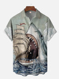 Hawaii Style Vintage Sailboat And Shark Printing Short Sleeve Shirt