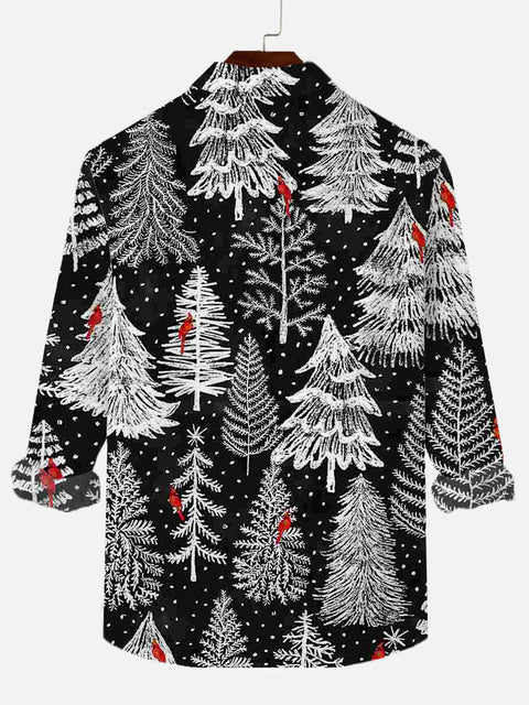 Full-Print Snowy Pine Tree And Parrot Printing Men's Long Sleeve Shirt