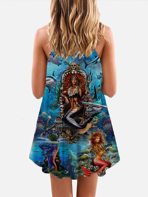 Underwater Treasure Queen Mermaid And Skull Print Sleeveless Camisole Dress