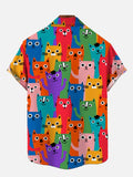 Cotton Funny Rainbow Happy And Sad Cats Hippie Printing Breast Pocket Short Sleeve Shirt