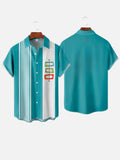 Retro Cyan Contrast Color Stripes & Abstract Geometric Patterns Printing Short Sleeve Shirt