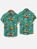 Stylish Hawaiian Mid-Century Atomic Space Cat In Flying Saucer Printing Short Sleeve Shirt