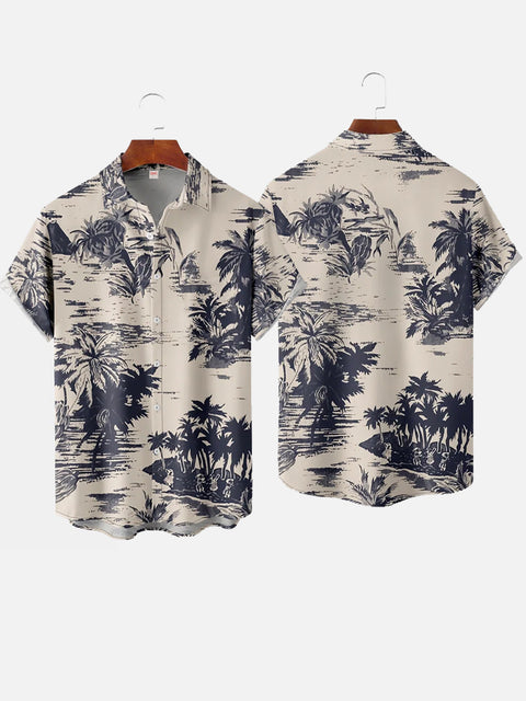 Retro Hawaiian Island And Palm Tree Print Short Sleeve Shirt