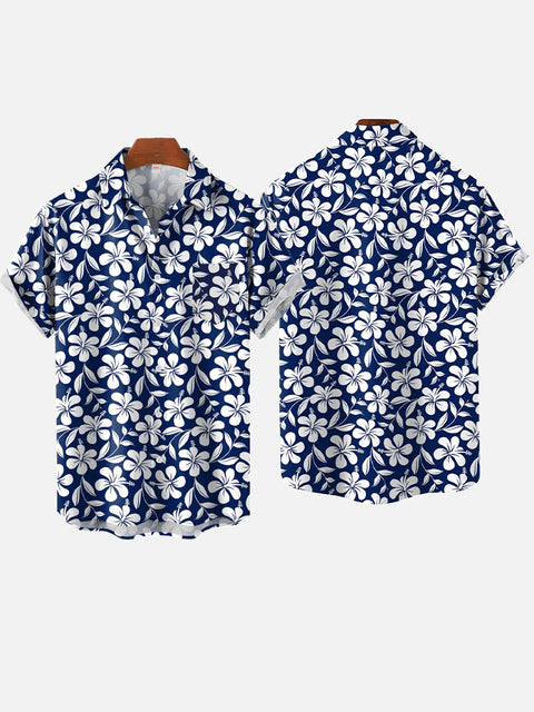 Leisure Vacation Hawaiian Blue Floral Printing Short Sleeve Shirt