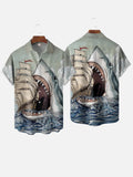 Hawaii Style Vintage Sailboat And Shark Printing Short Sleeve Shirt