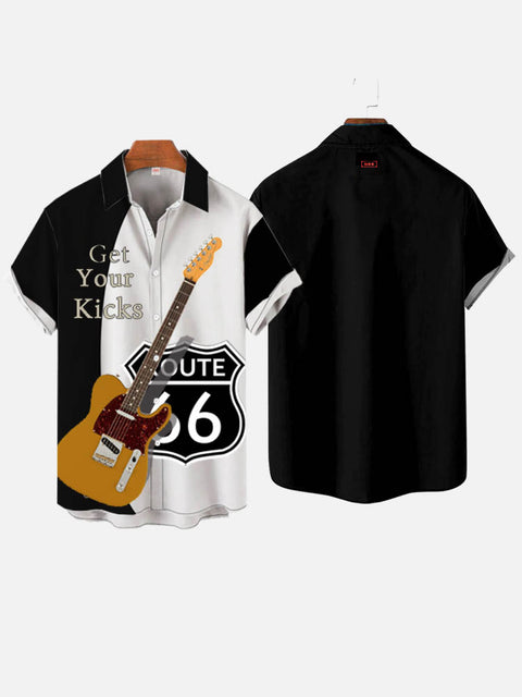Black And White Contrasting Colors Stitching Electric Guitar Bass Printing Men's Short Sleeve Shirt