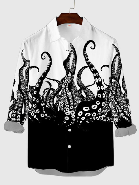 Monster Theme White And Black Stitching Giant Octopus Printing Men's Long Sleeve Shirt