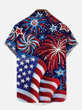 Casual Bright Fireworks And American Flag Printing Short Sleeve Shirt