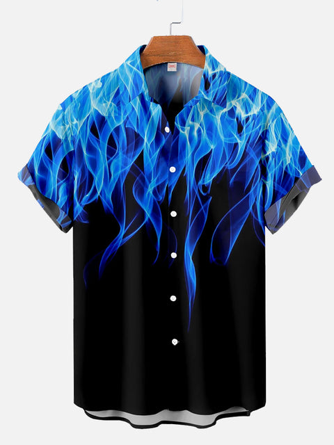 Vogue Blue Fire Flame Pattern Printing Short Sleeve Shirt