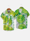 Summer Lemon Mint Fruit With Ice Cubes Printing Breast Pocket Short Sleeve Shirt