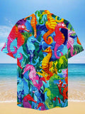 Eye-Catching Psychedelic Hippie Neon Colorful Seahorse Printing Cuban Collar Hawaiian Short Sleeve Shirt