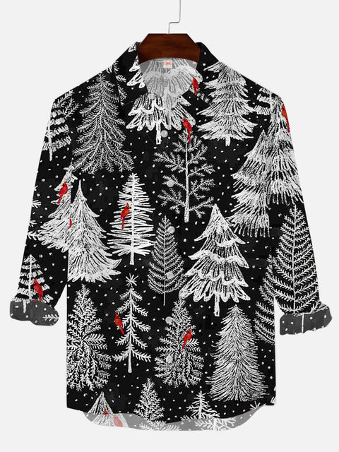 Full-Print Snowy Pine Tree And Parrot Printing Men's Long Sleeve Shirt