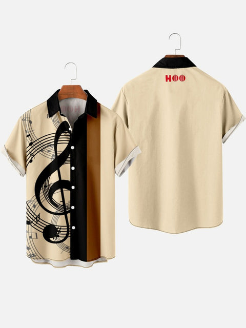 Wheat &amp; Brown Stitching Musical Score Printing Chemise à manches courtes pour homme