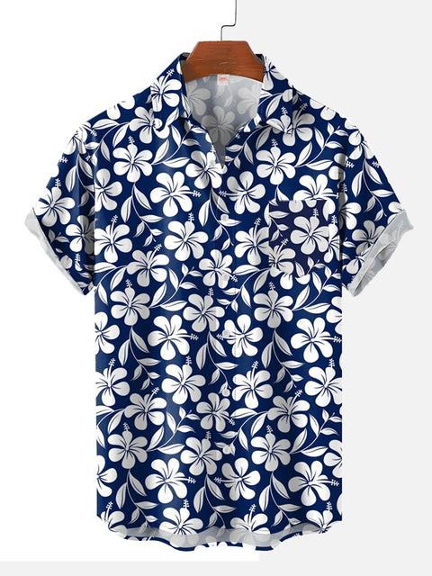 Leisure Vacation Hawaiian Blue Floral Printing Short Sleeve Shirt