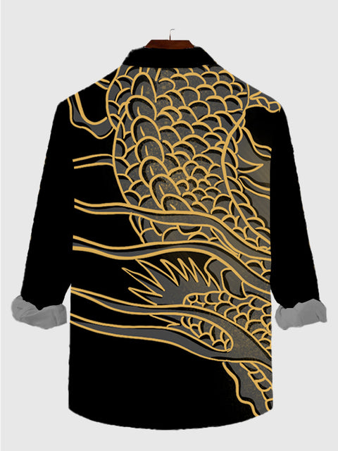 Chemise à manches longues pour homme Golden Dragon Cool Printing noire à imprimé complet
