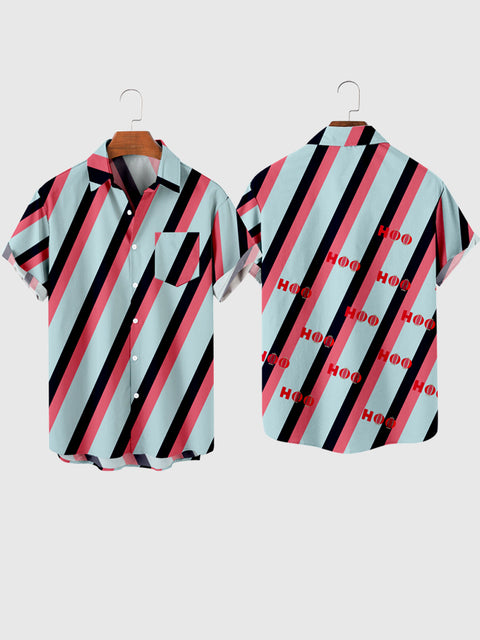 Diagonal gestreiftes Herren-Kurzarmhemd in Blau, Pink und Schwarz mit Nähten
