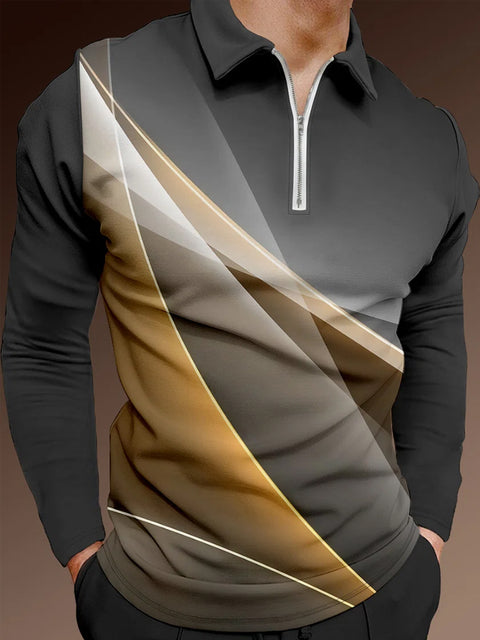 Gradient Gray Gold Light Effect Printing Men‘s Long Sleeve Polo
