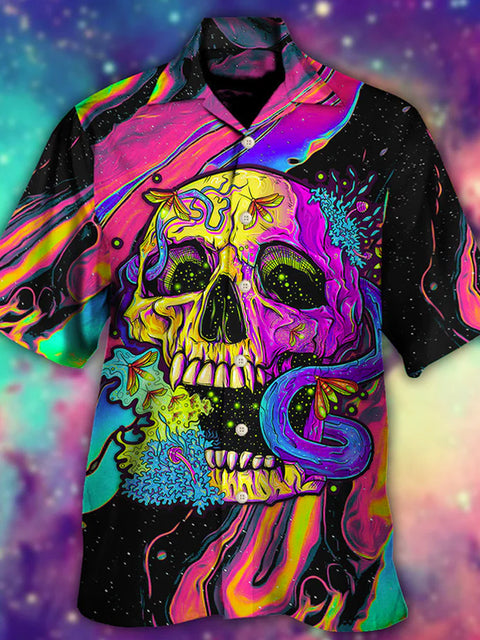 Eye-Catching Psychedelic Hippie Style Hippie Skull Printing Cuban Collar Hawaiian Short Sleeve Shirt