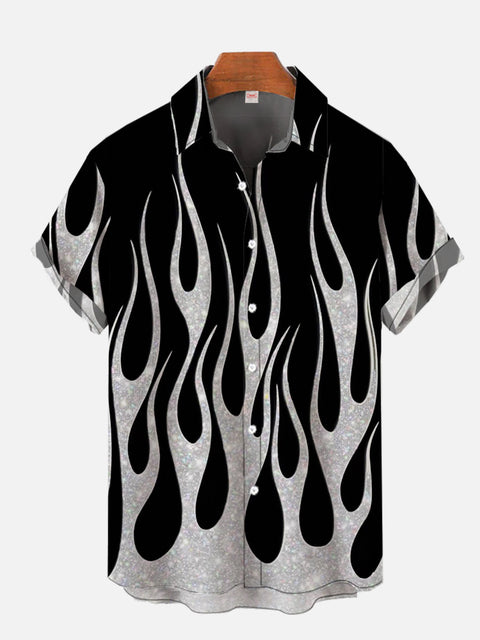 Black And Gray Burning Flame Printing Short Sleeve Shirt