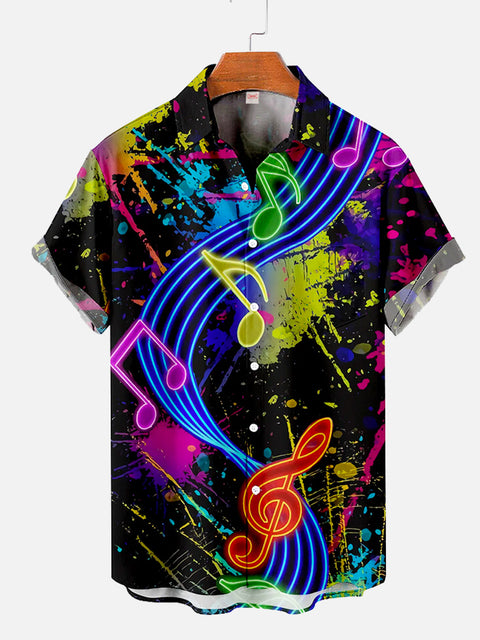 Splashed Ink Background Spiral Twisted Musical Note Printing Short Sleeve Shirt
