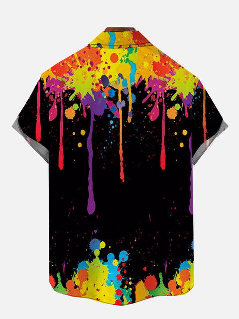 Street Style Hawaiian Rainbow Splatter Paint Graffiti Printing Short Sleeve Shirt
