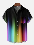 Rainbow Color Gradient Neon Printing Breast Pocket Black Short Sleeve Shirt