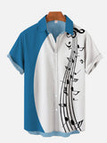 Blue And White Stitching Wave-Shape Musical Note Printing Short Sleeve Shirt