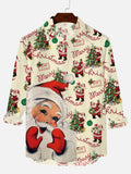 Christmas Elements Cute Santa Claus Decorating The Christmas Tree Printing Men's Long Sleeve Shirt
