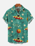 Stylish Hawaiian Mid-Century Atomic Space Cat In Flying Saucer Printing Short Sleeve Shirt