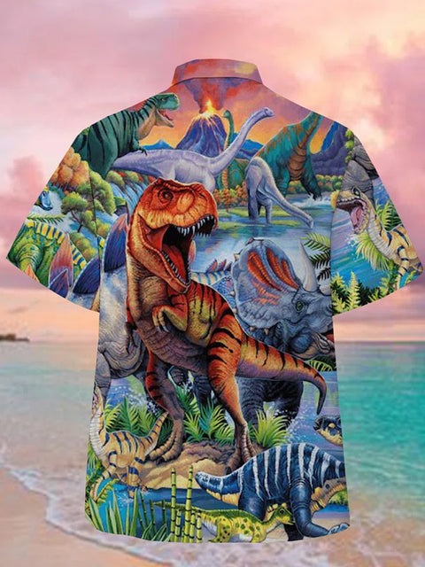 Eye-Catching Psychedelic Dinosaurs Printing Cuban Collar Hawaiian Short Sleeve Shirt