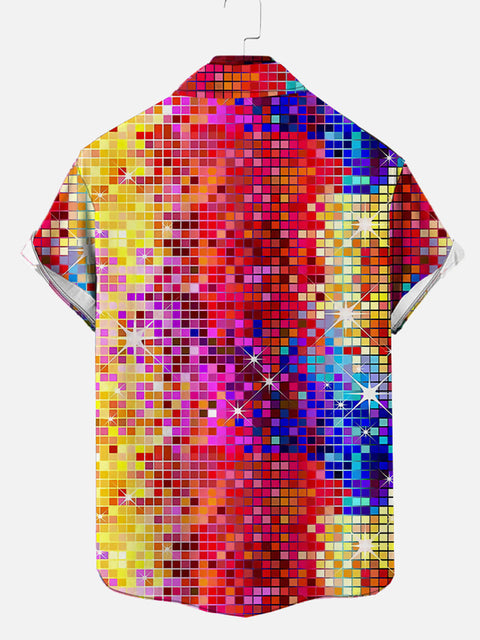 70's Disco Ball Metallic Glitter Mosaic Printed Cuban Collar Men's Short Sleeve Shirt