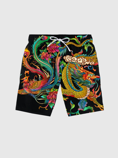 Shorts für Herren mit chinesischem Drachen- und Phönixdruck