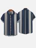 Vintage Blue And Grey Variegated Stripe Printing Short Sleeve Shirt