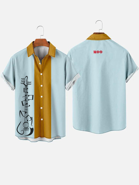 50s Yellow And Light Blue Stitching Guitar Printing Men's Short Sleeve Shirt