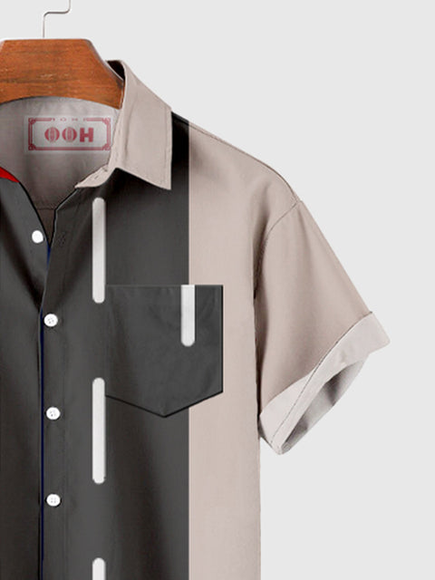 HOO Herren-Kurzarmhemd mit zweifarbigem Kragen in Grau und Khaki mit Nähten