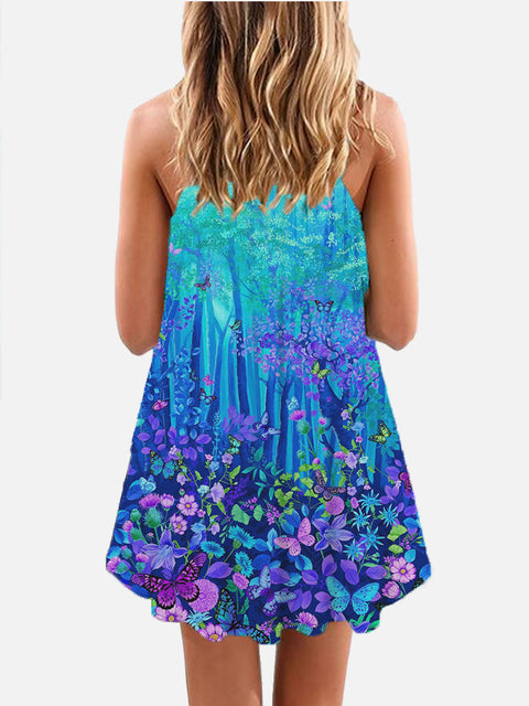 Blue Gradient Psychedelic Forest Butterfly Print Sleeveless Camisole Dress
