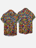 Abstract Mosaic Multicolor Squares Pattern Printing Breast Pocket Short Sleeve Shirt