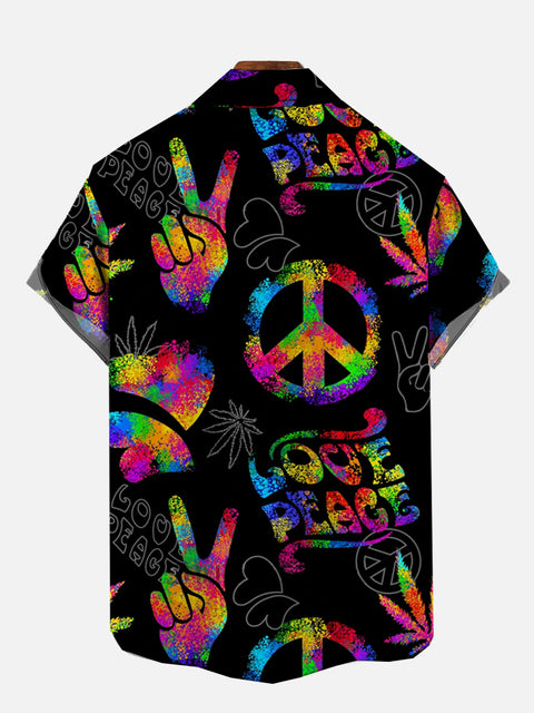 Psychedelic Neon Light Love and Peace Hippie Symbols Printing Short Sleeve Shirt
