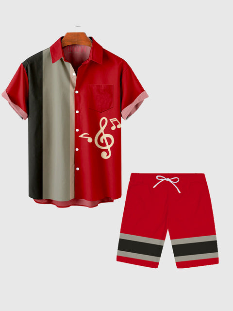 Red & Khaki Stitching Musical Note Printing Men's Shorts