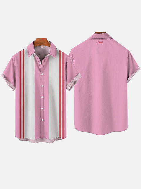 Fresh Bright Pink And White Stripes Printing Short Sleeve Shirt