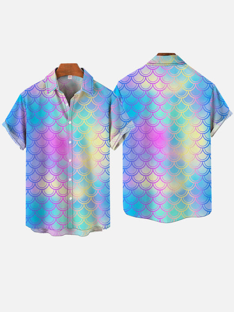 Colorful Gradient Laser Mermaid Scales Pattern Printing Short Sleeve Shirt