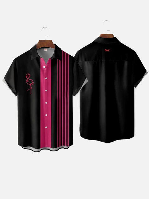 50s Black And Pink Stitching Pink Flamingo Print Short Sleeve Shirt