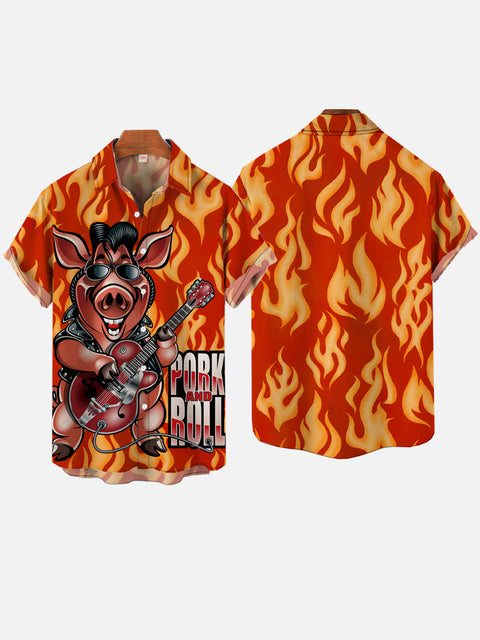 Burning Flame Cartoon Pig Guitar Pork And Roll Printing Short Sleeve Shirt