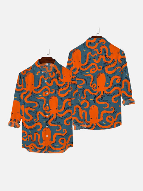 Monster Theme Orange And Blue Stitching Octopus Printing Men's Long Sleeve Shirt