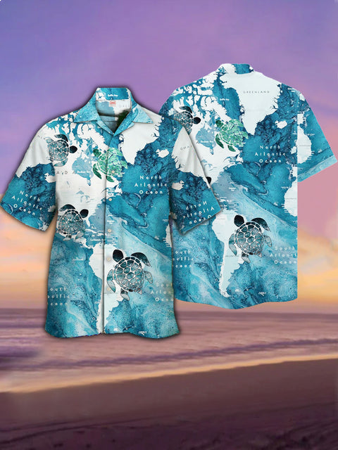 Eye-Catching Map And Sea Turtles Printing Beach Travel Cuban Collar Hawaiian Short Sleeve Shirt