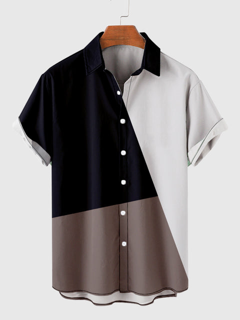 Navy, WhiteSmoke and LightBrown Color Matching Button Down Men's Short Sleeve Shirt