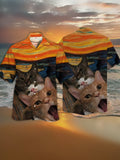Eye-Catching Oil Painting Style Cute Cat Head Printing Cuban Collar Hawaiian Short Sleeve Shirt